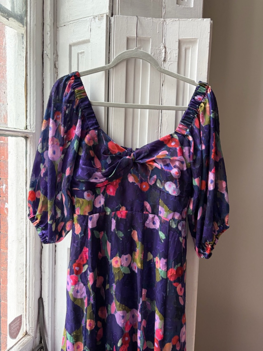 Anthropologie Navy Floral Puff-Sleeve Midi Dress